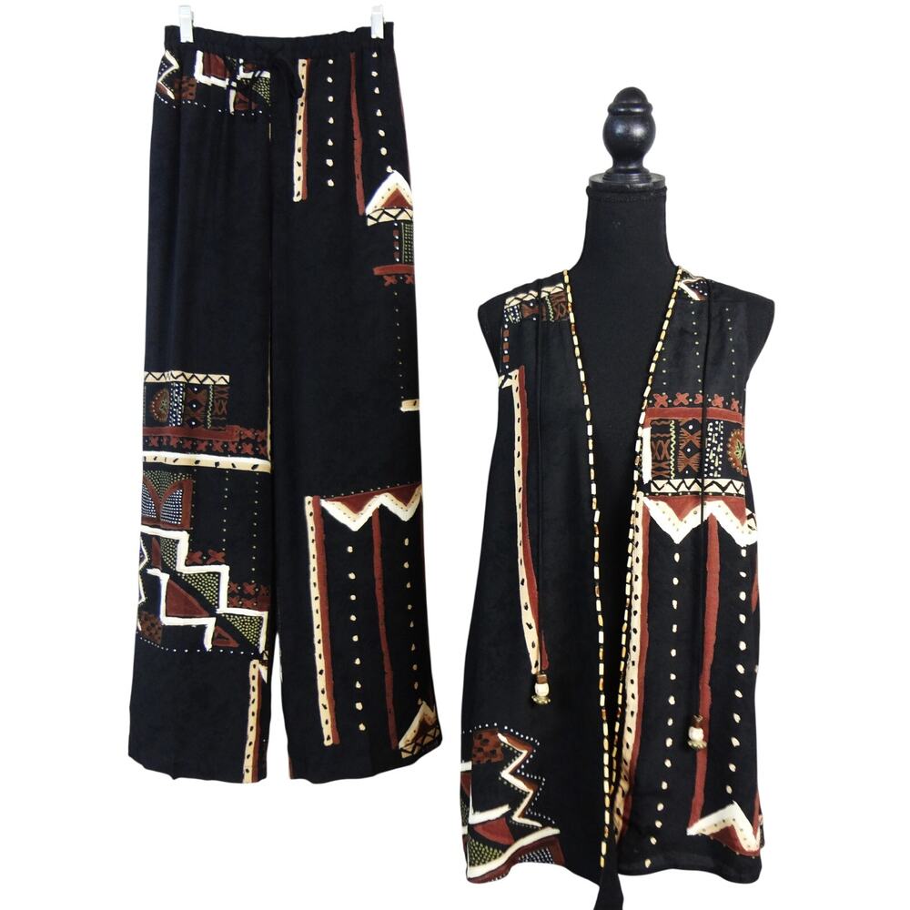 Vintage Dorothy Schoelen Platinum 90s Wide Leg Pant Vest Set Outfit Boho Beaded
